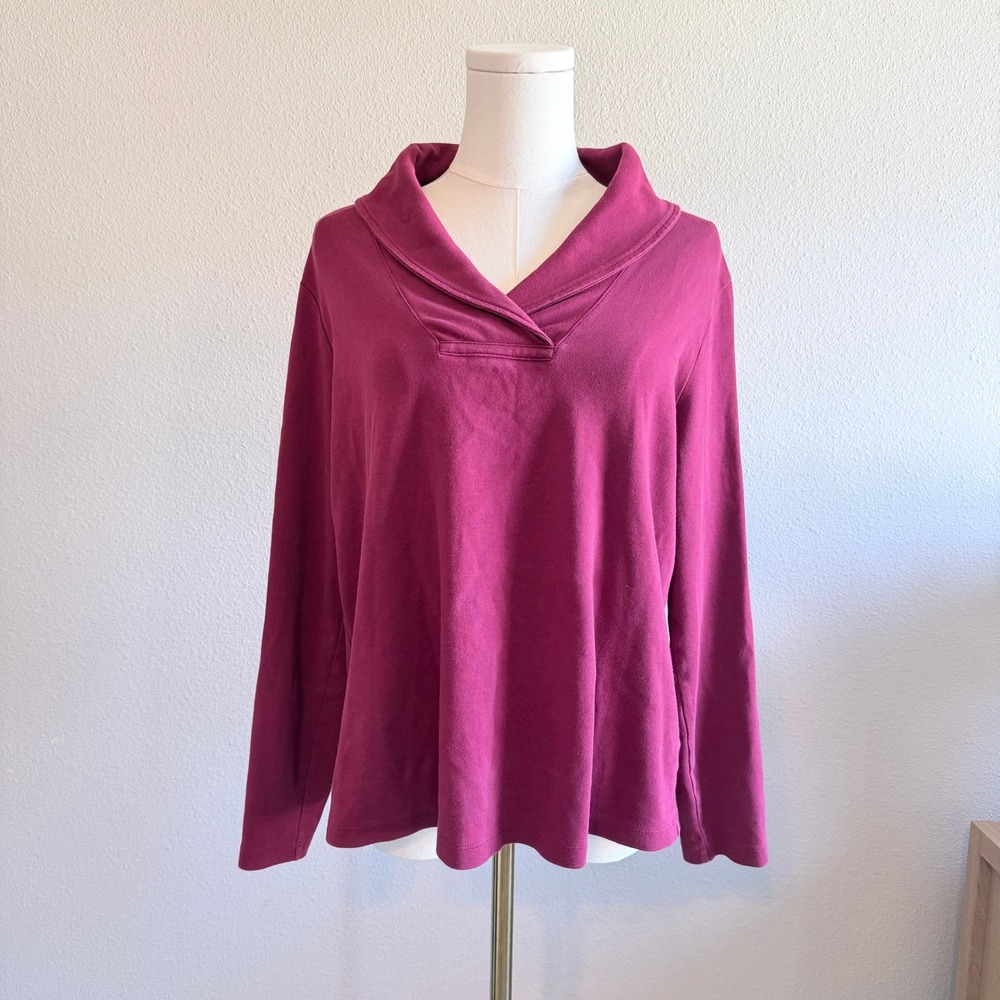 LL Bean Womens Large Red Cotton Shawl Collar Long Sleeve Top 290348 Regular